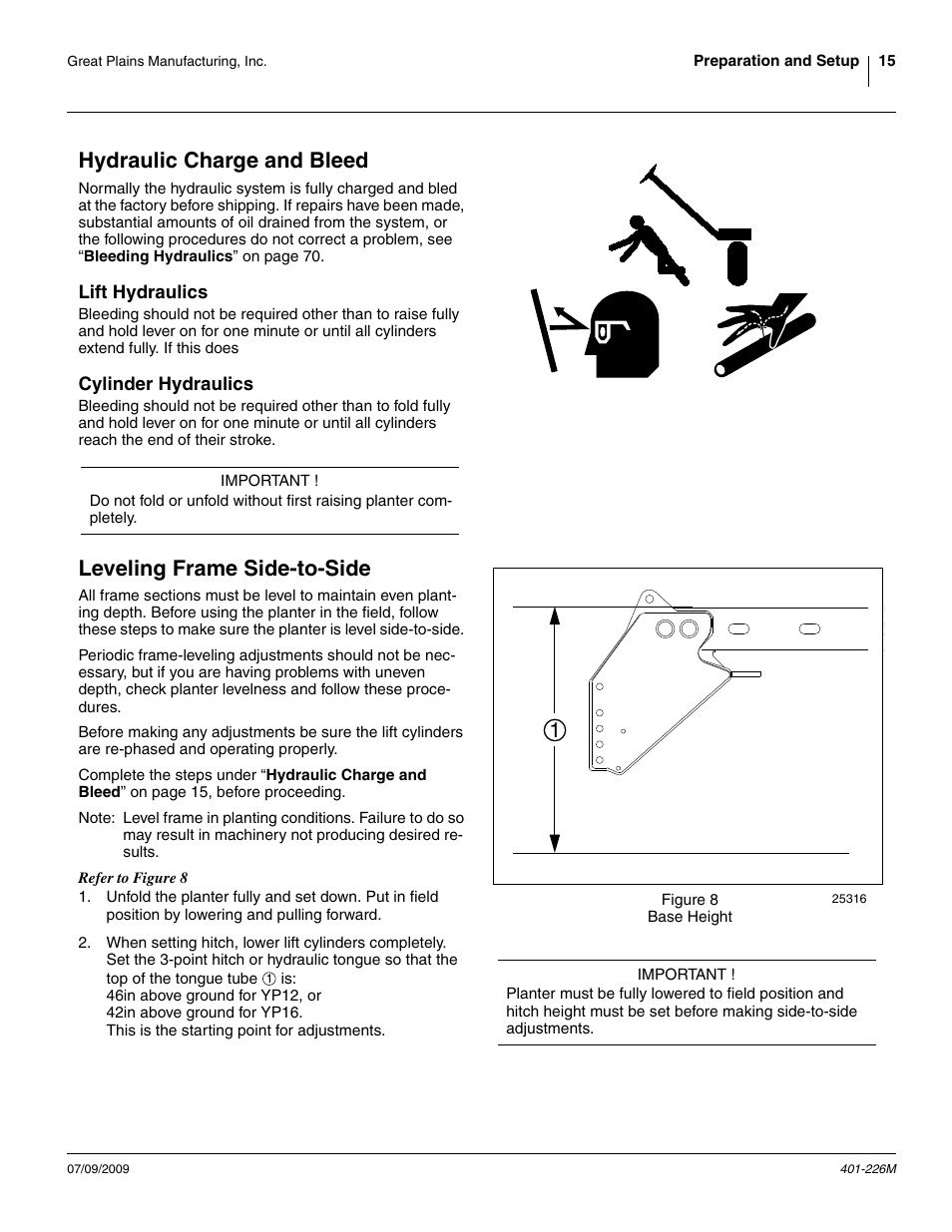 Hydraulic charge and bleed, Lift hydraulics, Cylinder hydraulics | Leveling frame side-to-side, Lift hydraulics cylinder hydraulics | Great Plains YP1625 Operator Manual User Manual | Page 19 / 134