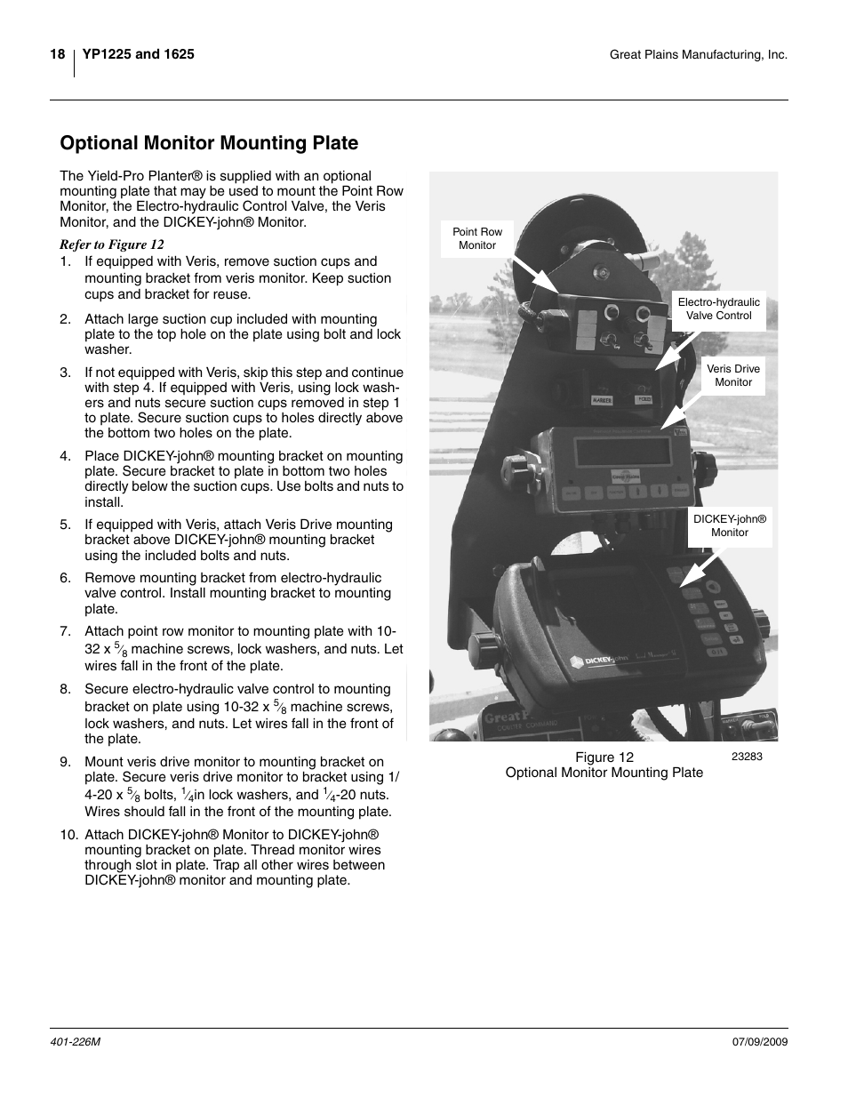 Optional monitor mounting plate | Great Plains YP1625 Operator Manual User Manual | Page 22 / 134