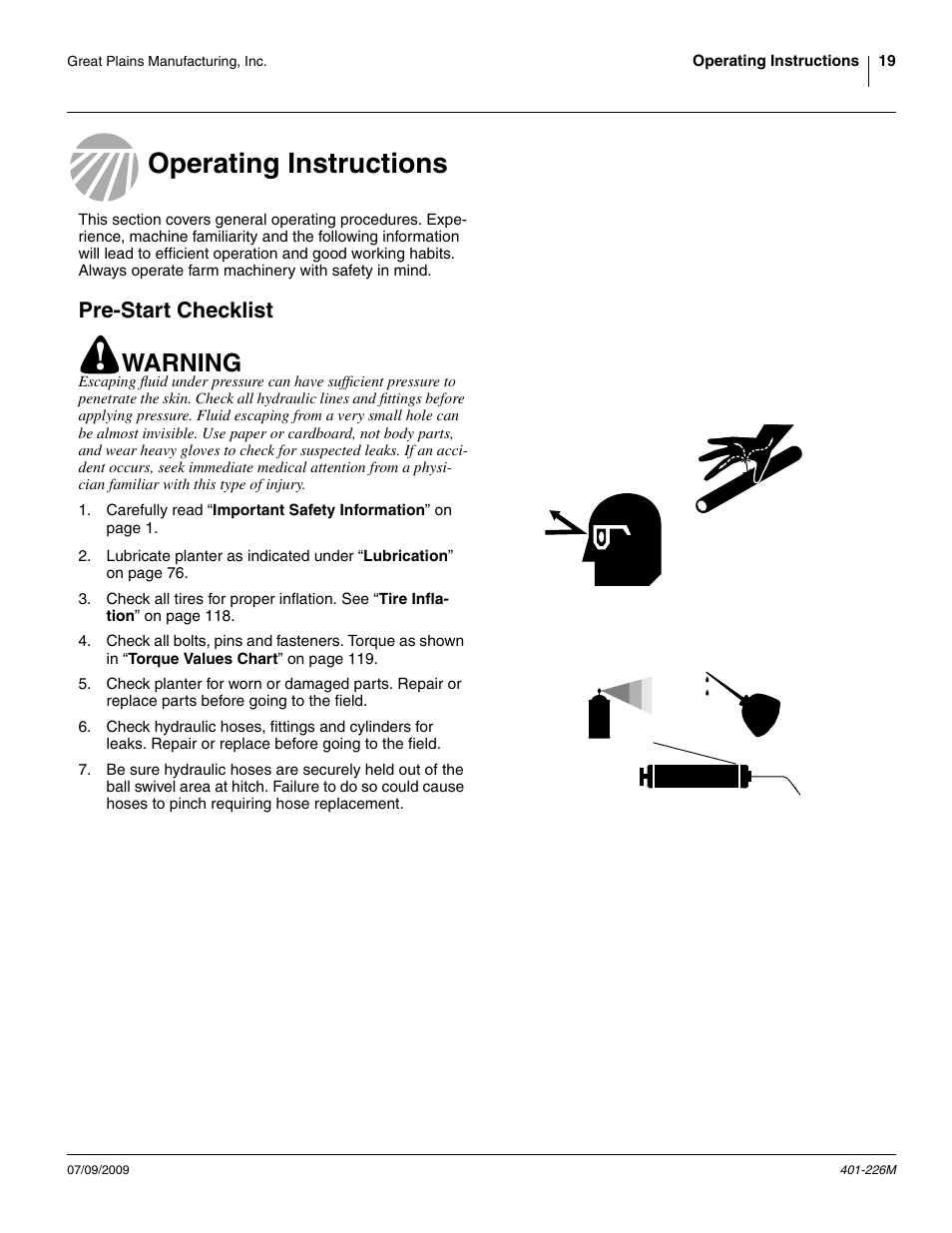 Operating instructions, Pre-start checklist, Operating instructions pre-start checklist | Warning | Great Plains YP1625 Operator Manual User Manual | Page 23 / 134