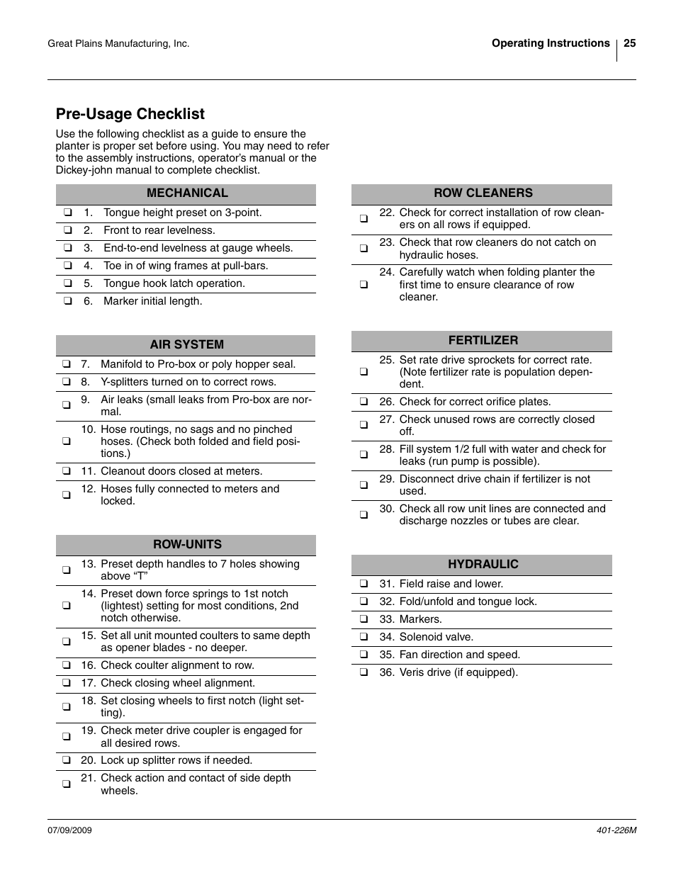 Pre-usage checklist | Great Plains YP1625 Operator Manual User Manual | Page 29 / 134