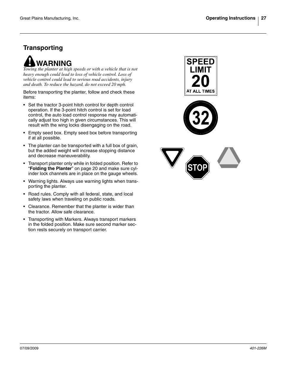 Transporting, Warning | Great Plains YP1625 Operator Manual User Manual | Page 31 / 134