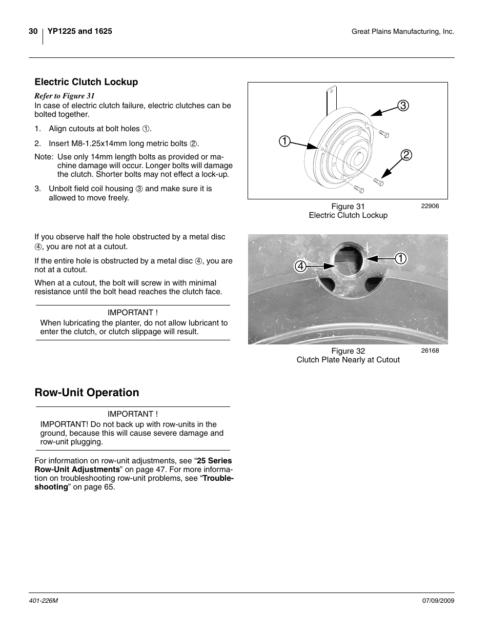 Electric clutch lockup, Row-unit operation | Great Plains YP1625 Operator Manual User Manual | Page 34 / 134