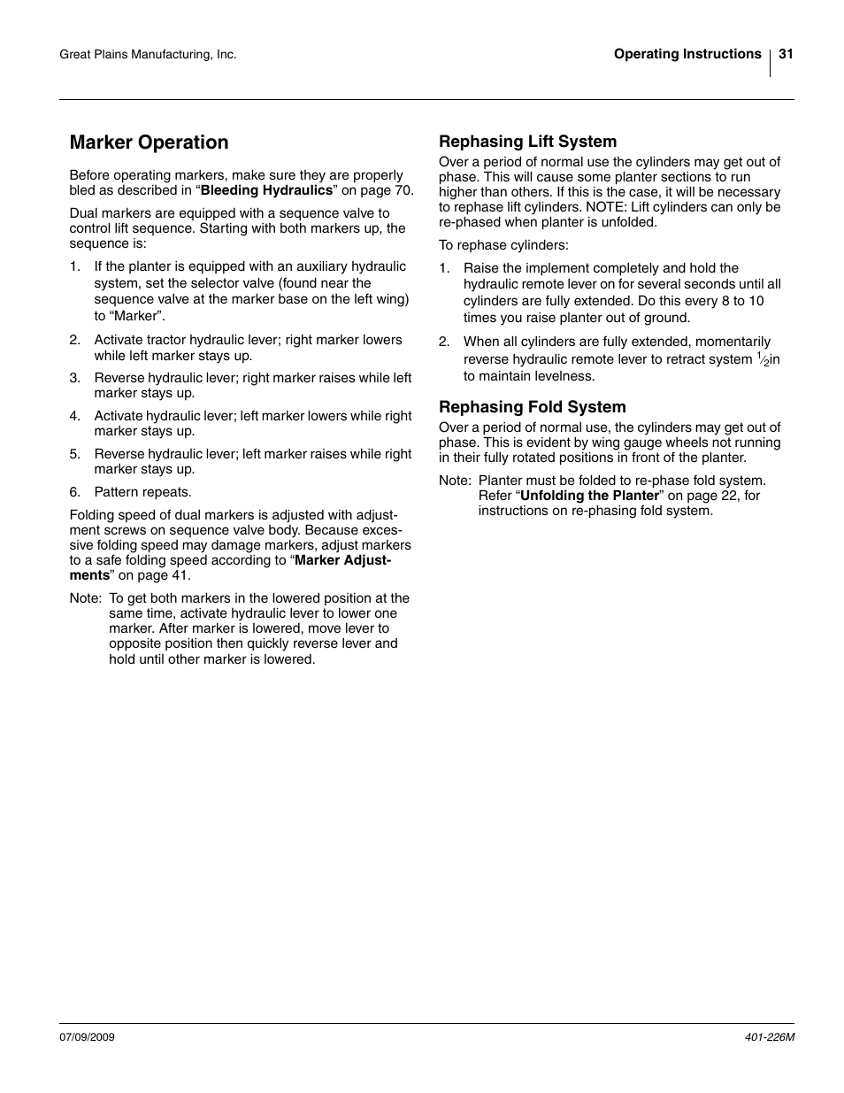 Marker operation, Rephasing lift system, Rephasing fold system | Rephasing lift system rephasing fold system | Great Plains YP1625 Operator Manual User Manual | Page 35 / 134