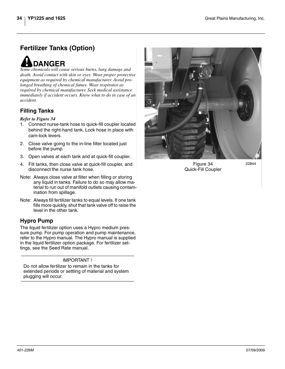 Fertilizer tanks (option), Filling tanks, Hypro pump | Filling tanks hypro pump, Danger | Great Plains YP1625 Operator Manual User Manual | Page 38 / 134