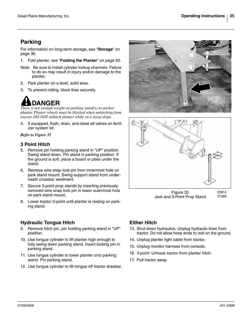 Parking, 3 point hitch, Hydraulic tongue hitch | Either hitch, 3 point hitch hydraulic tongue hitch either hitch, Danger | Great Plains YP1625 Operator Manual User Manual | Page 39 / 134