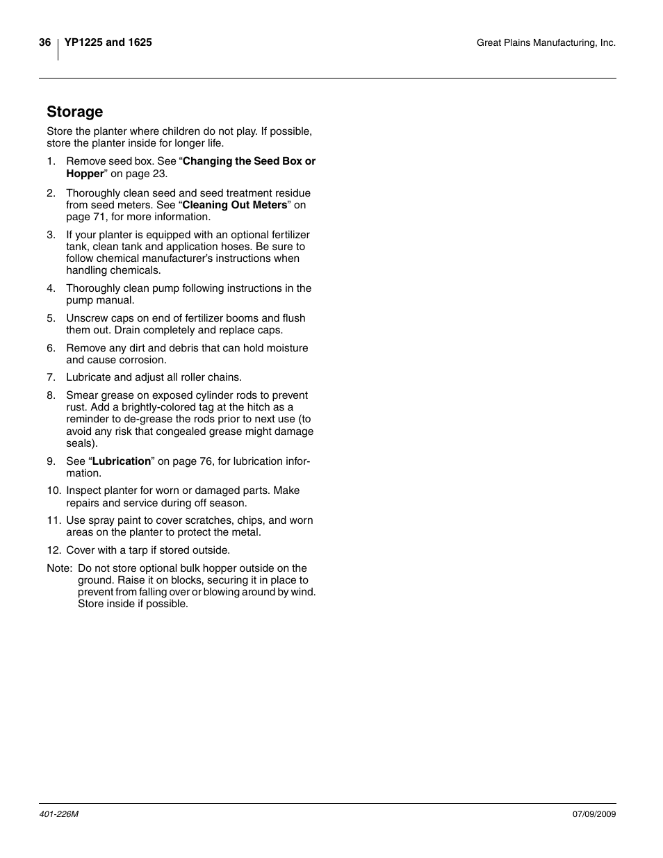 Storage | Great Plains YP1625 Operator Manual User Manual | Page 40 / 134