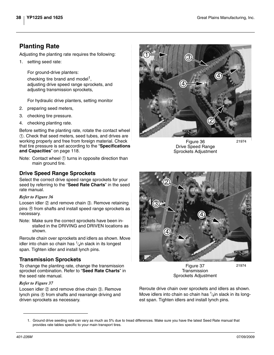 Planting rate, Drive speed range sprockets, Transmission sprockets | Drive speed range sprockets transmission sprockets | Great Plains YP1625 Operator Manual User Manual | Page 42 / 134