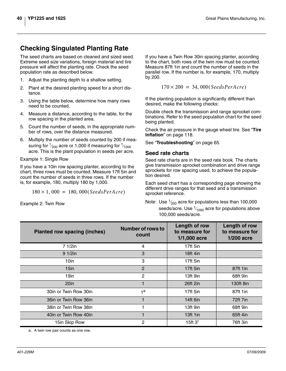 Checking singulated planting rate, Seed rate charts | Great Plains YP1625 Operator Manual User Manual | Page 44 / 134