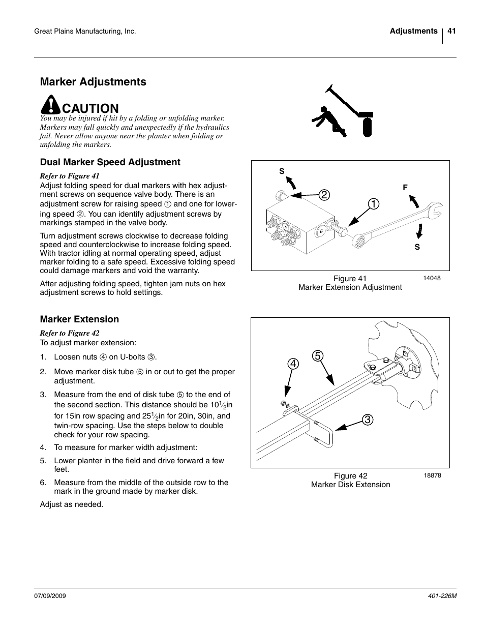 Marker adjustments, Dual marker speed adjustment, Marker extension | Dual marker speed adjustment marker extension, Caution | Great Plains YP1625 Operator Manual User Manual | Page 45 / 134