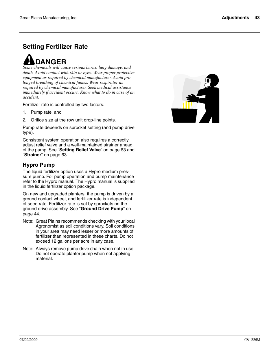 Setting fertilizer rate, Hypro pump, Danger | Great Plains YP1625 Operator Manual User Manual | Page 47 / 134