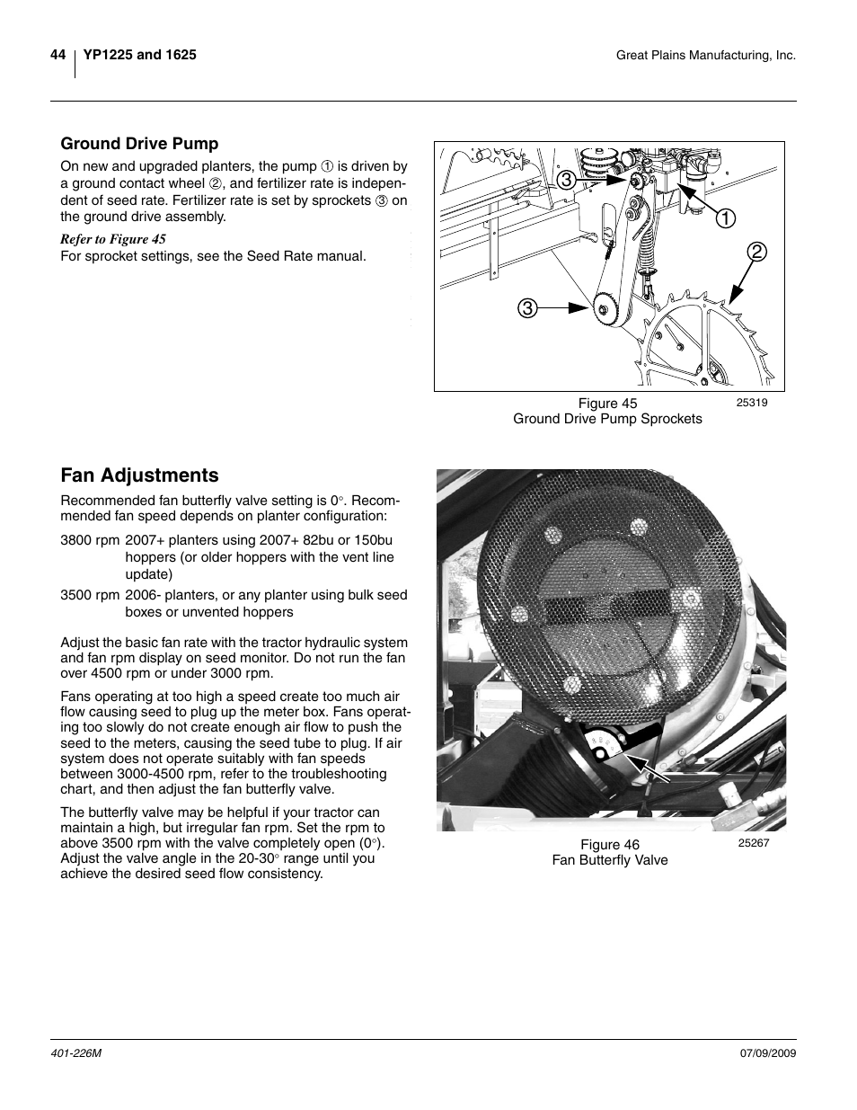 Ground drive pump, Fan adjustments | Great Plains YP1625 Operator Manual User Manual | Page 48 / 134