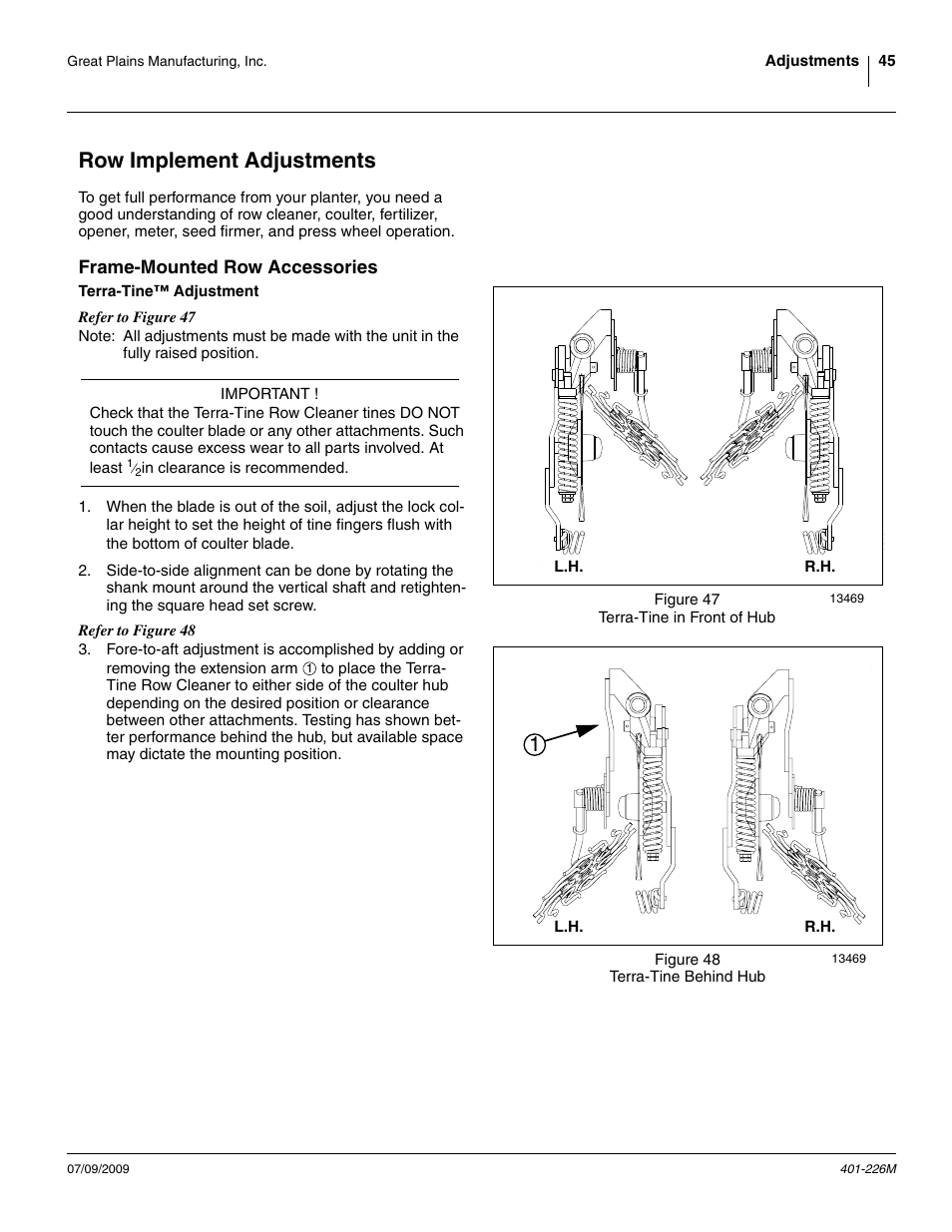 Row implement adjustments, Frame-mounted row accessories, Terra-tine™ adjustment | Great Plains YP1625 Operator Manual User Manual | Page 49 / 134