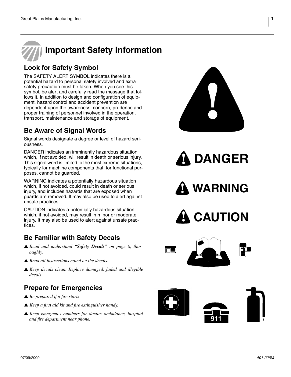 Important safety information, Look for safety symbol, Be aware of signal words | Be familiar with safety decals, Prepare for emergencies, Danger, Caution, Warning | Great Plains YP1625 Operator Manual User Manual | Page 5 / 134