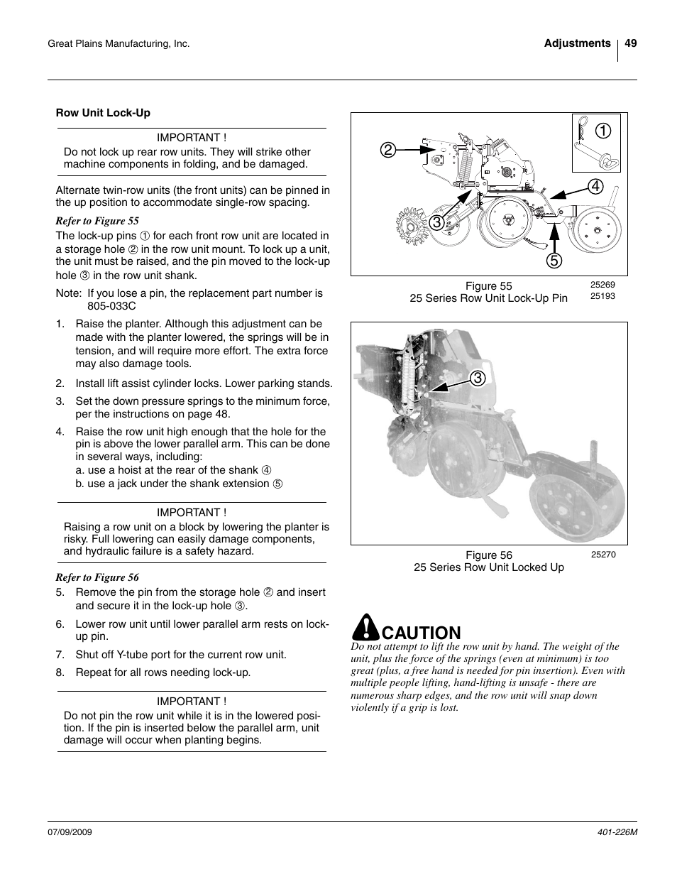 Row unit lock-up, Caution | Great Plains YP1625 Operator Manual User Manual | Page 53 / 134