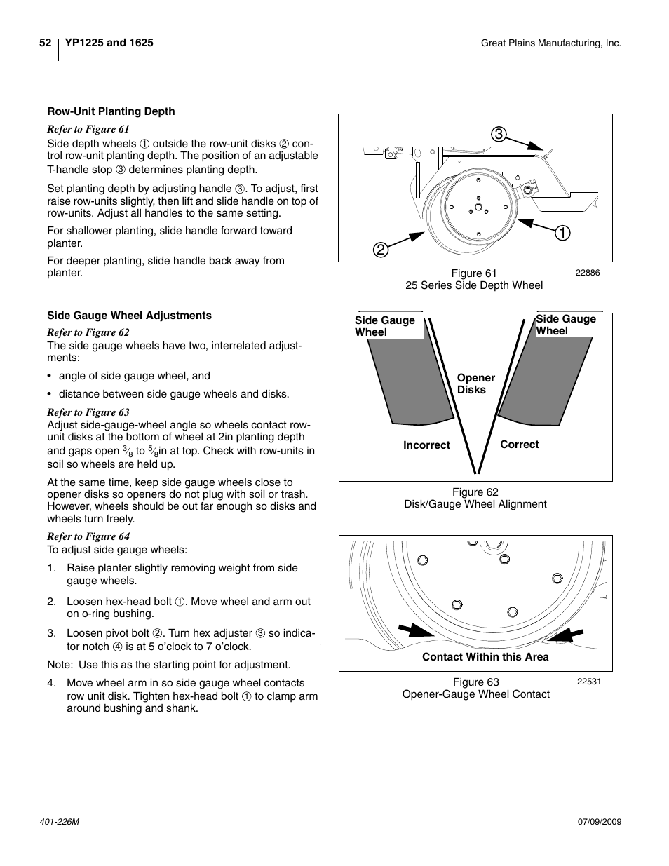 Row-unit planting depth, Side gauge wheel adjustments | Great Plains YP1625 Operator Manual User Manual | Page 56 / 134