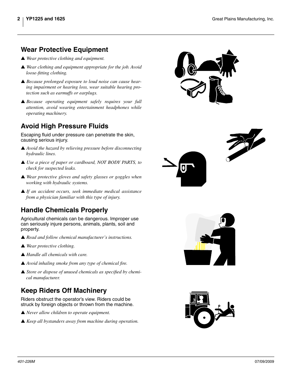 Wear protective equipment, Avoid high pressure fluids, Handle chemicals properly | Keep riders off machinery | Great Plains YP1625 Operator Manual User Manual | Page 6 / 134