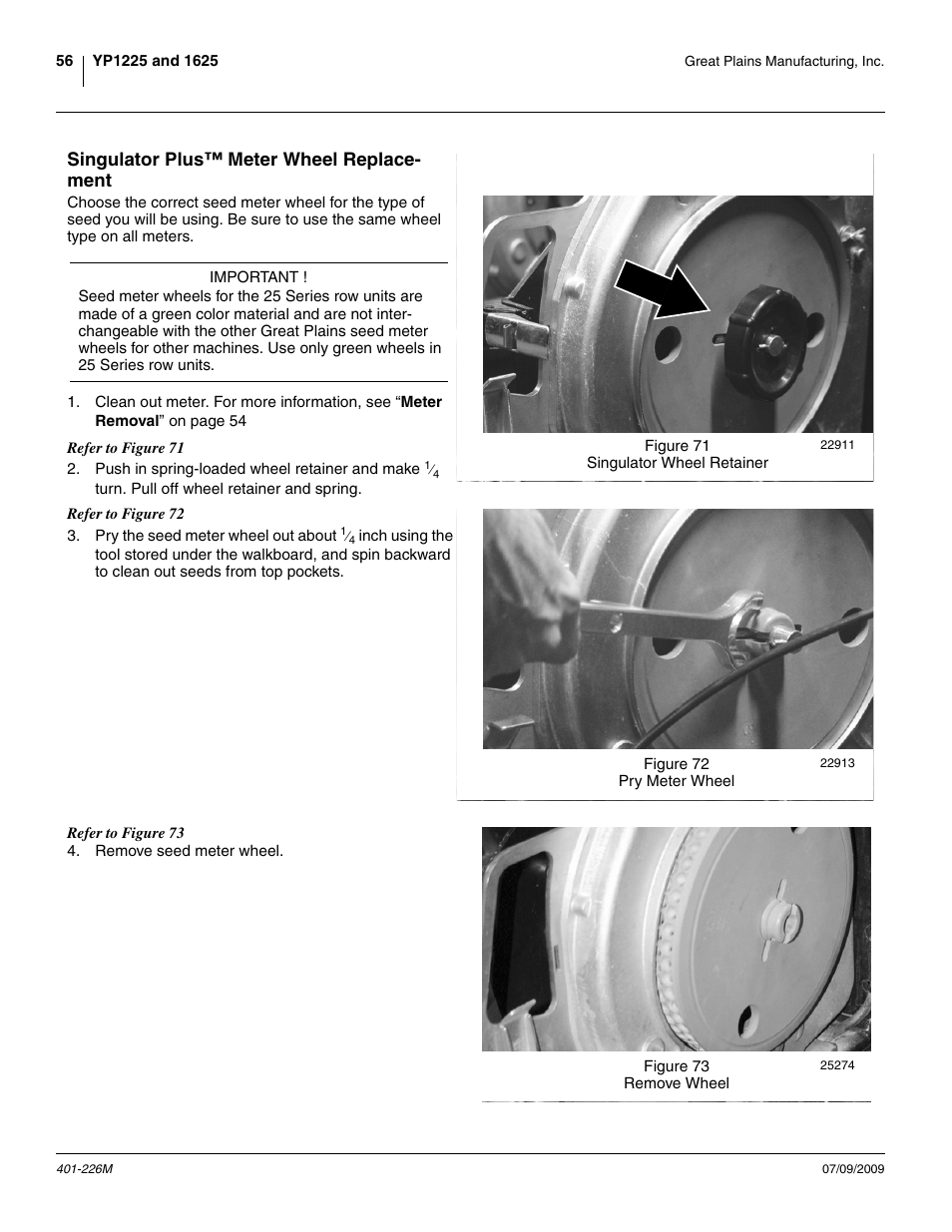 Singulator plus™ meter wheel replacement, Singulator plus™ meter wheel replace- ment | Great Plains YP1625 Operator Manual User Manual | Page 60 / 134