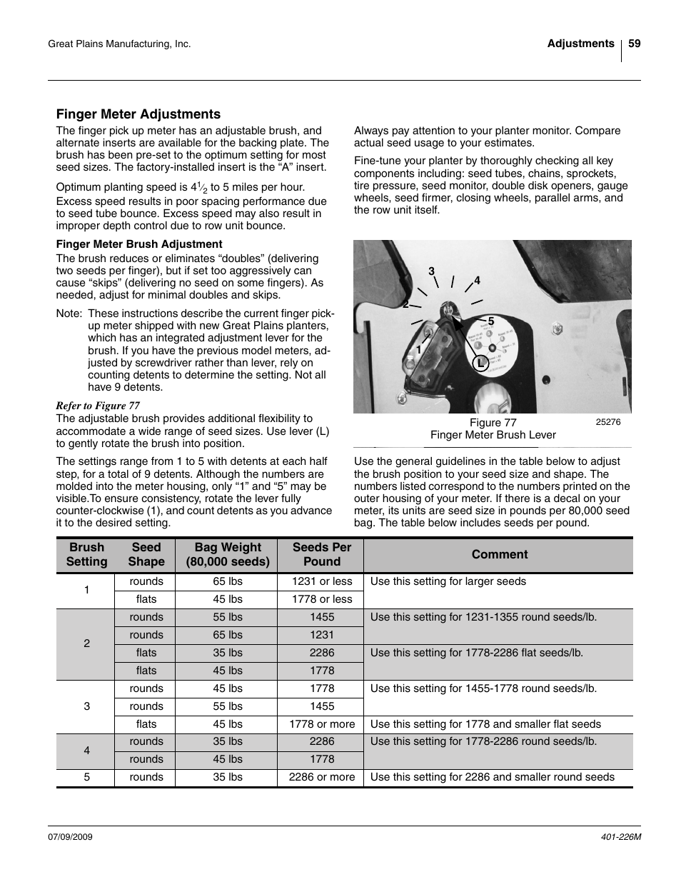 Finger meter adjustments, Finger meter brush adjustment | Great Plains YP1625 Operator Manual User Manual | Page 63 / 134
