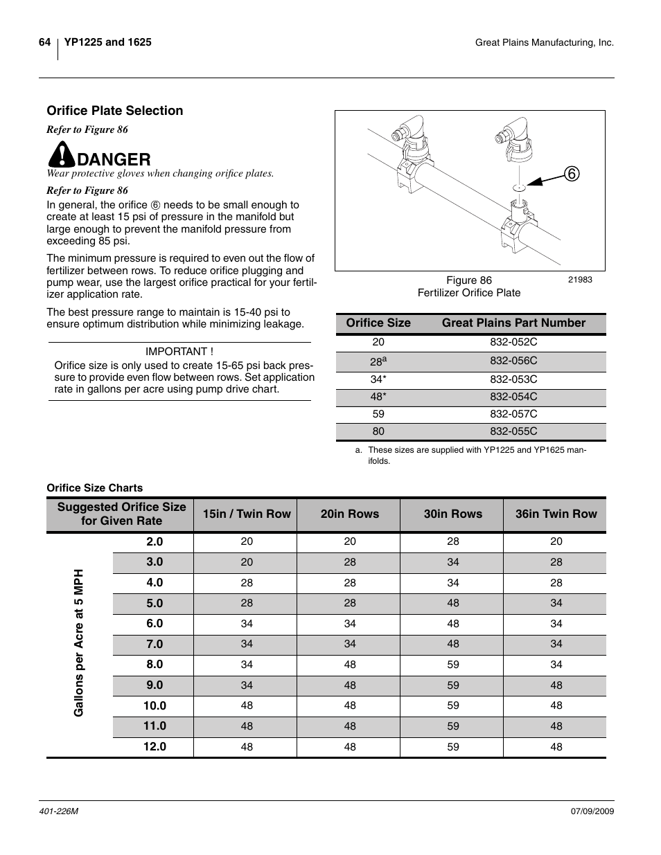 Orifice plate selection, Orifice size charts, Danger | Great Plains YP1625 Operator Manual User Manual | Page 68 / 134
