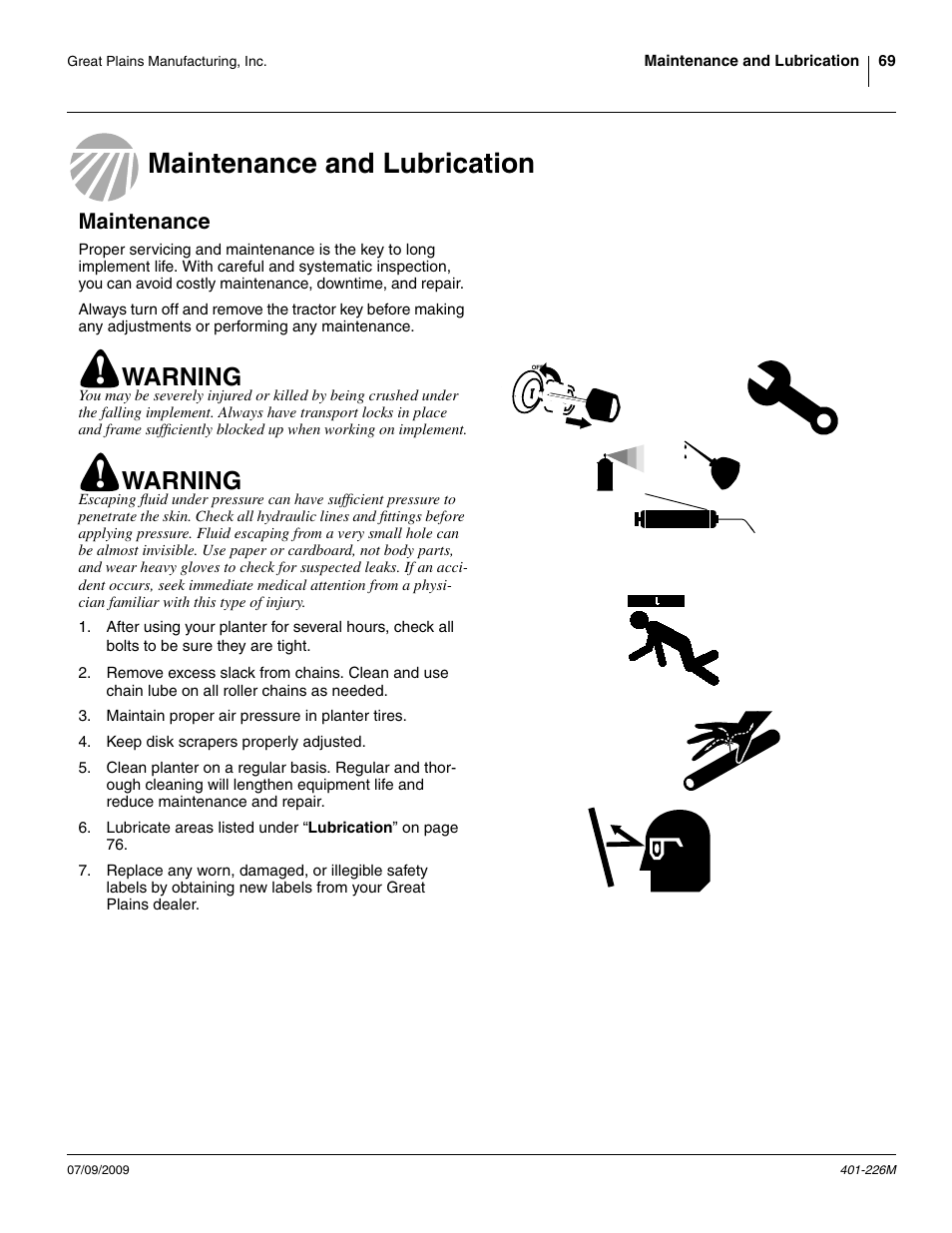 Maintenance and lubrication, Maintenance, Maintenance and lubrication maintenance | Warning | Great Plains YP1625 Operator Manual User Manual | Page 73 / 134