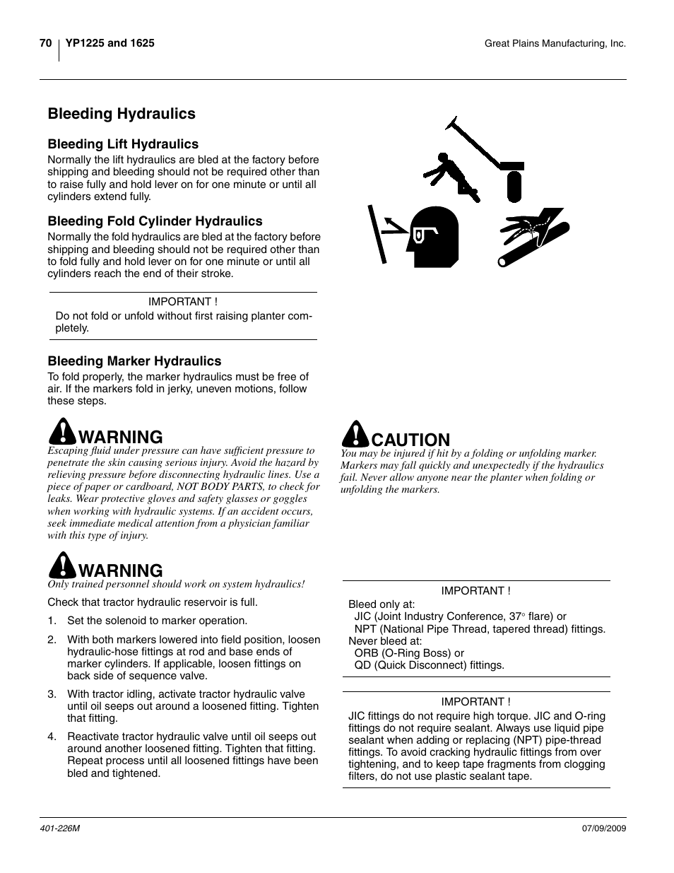 Bleeding hydraulics, Bleeding lift hydraulics, Bleeding fold cylinder hydraulics | Bleeding marker hydraulics, Warning, Caution | Great Plains YP1625 Operator Manual User Manual | Page 74 / 134