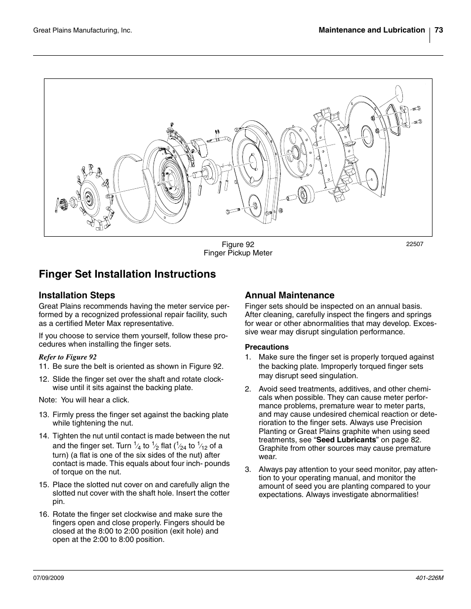 Finger set installation instructions, Installation steps, Annual maintenance | Precautions, Installation steps annual maintenance | Great Plains YP1625 Operator Manual User Manual | Page 77 / 134