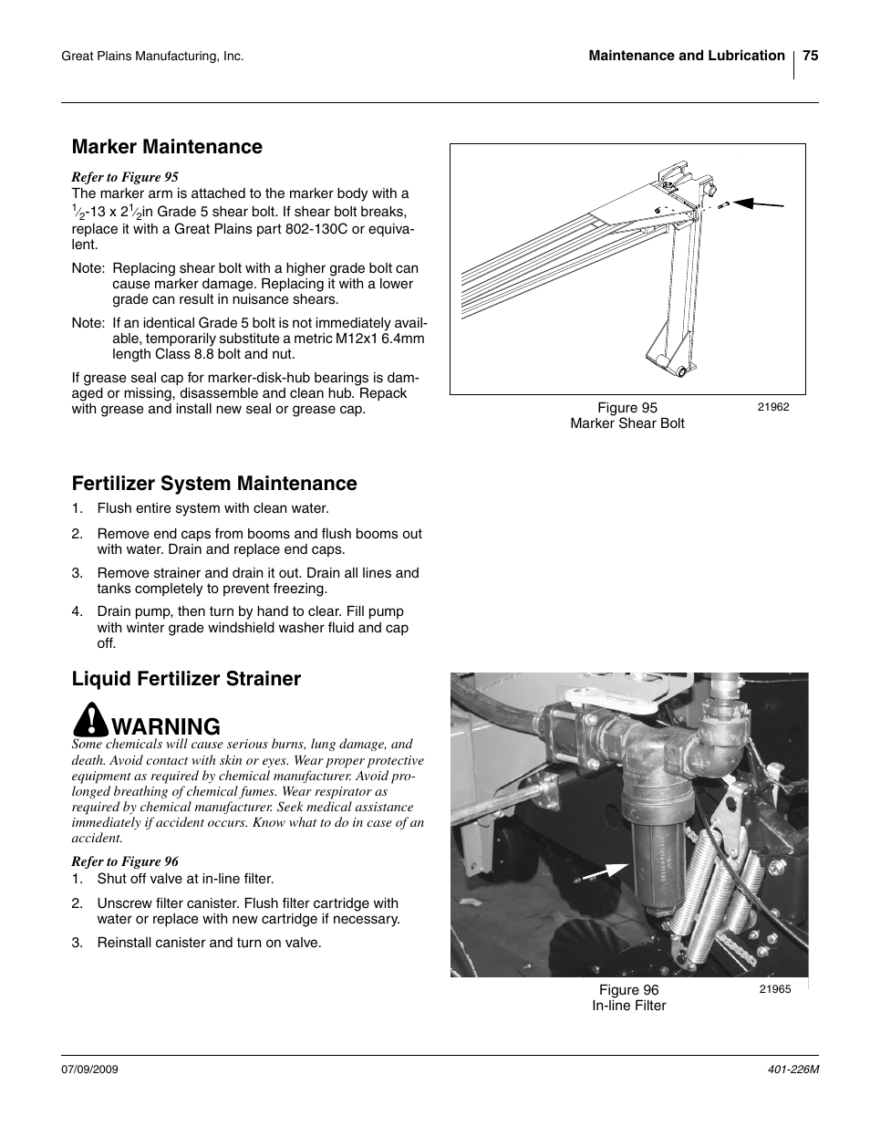 Marker maintenance, Fertilizer system maintenance, Liquid fertilizer strainer | Warning | Great Plains YP1625 Operator Manual User Manual | Page 79 / 134