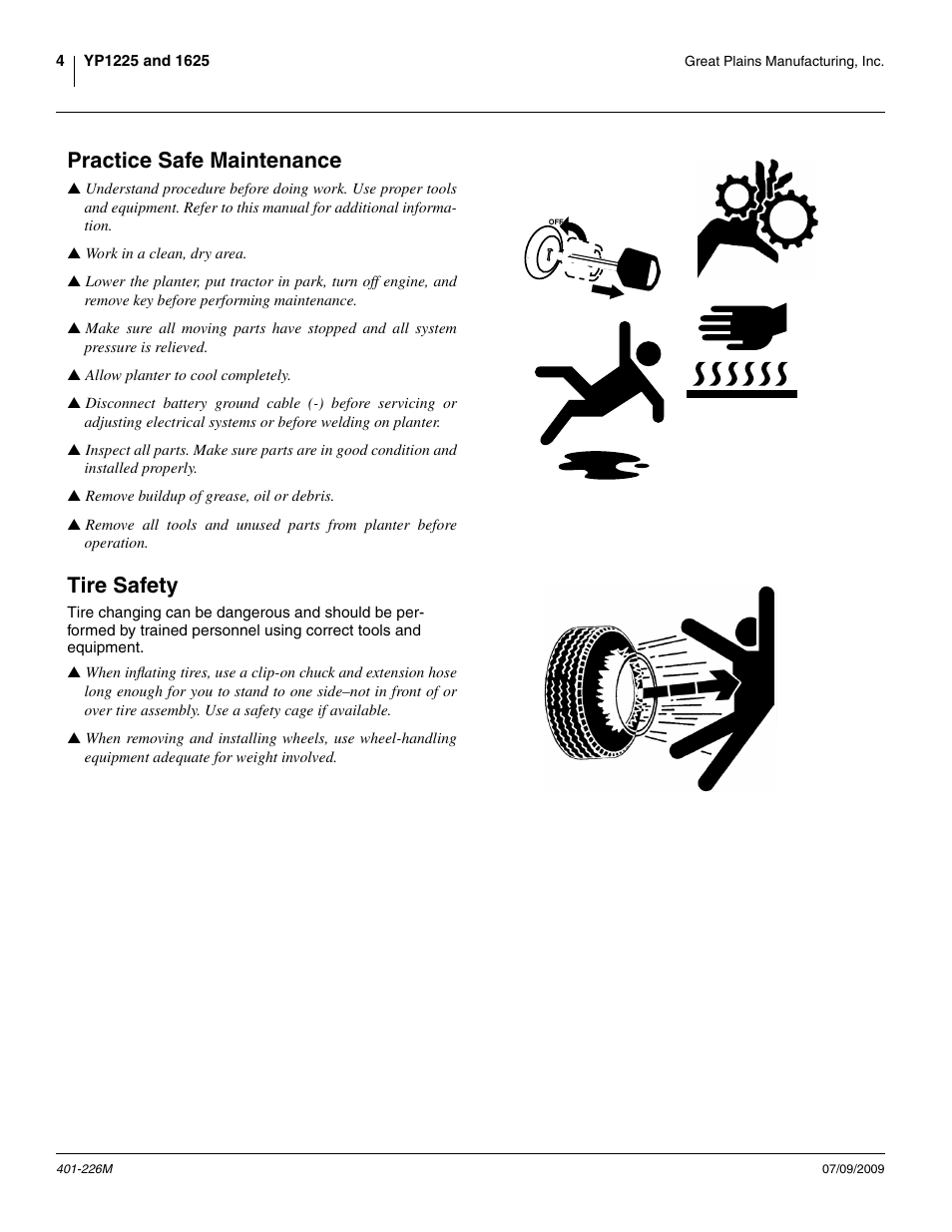 Practice safe maintenance, Tire safety | Great Plains YP1625 Operator Manual User Manual | Page 8 / 134