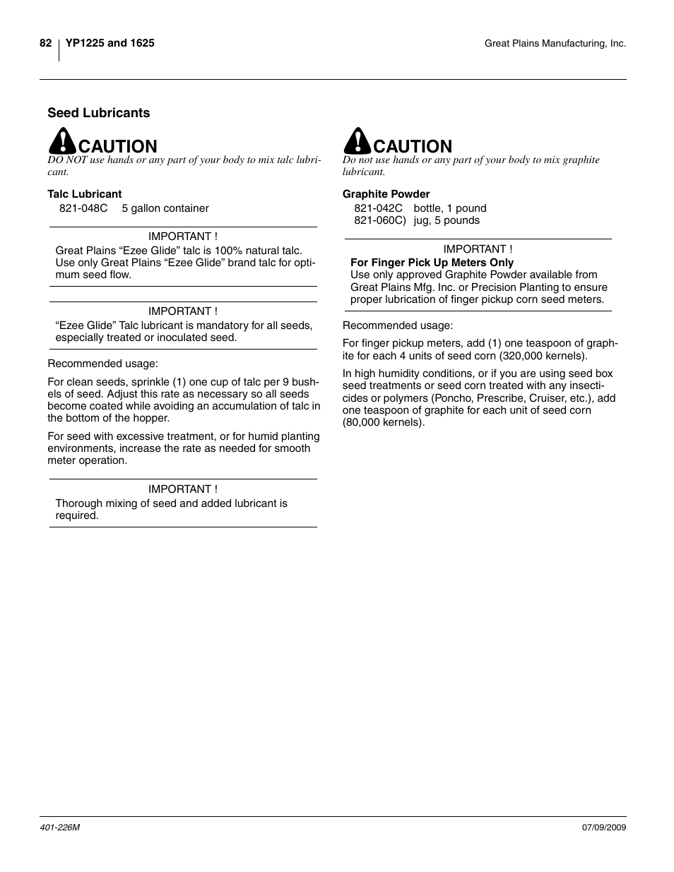 Seed lubricants, Talc lubricant, Graphite powder | Talc lubricant graphite powder, Caution | Great Plains YP1625 Operator Manual User Manual | Page 86 / 134