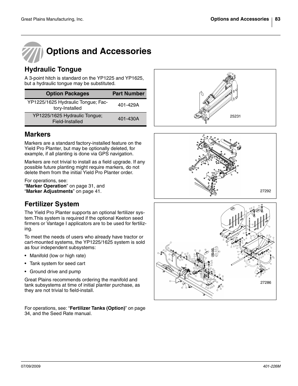Options and accessories, Hydraulic tongue, Markers | Fertilizer system | Great Plains YP1625 Operator Manual User Manual | Page 87 / 134