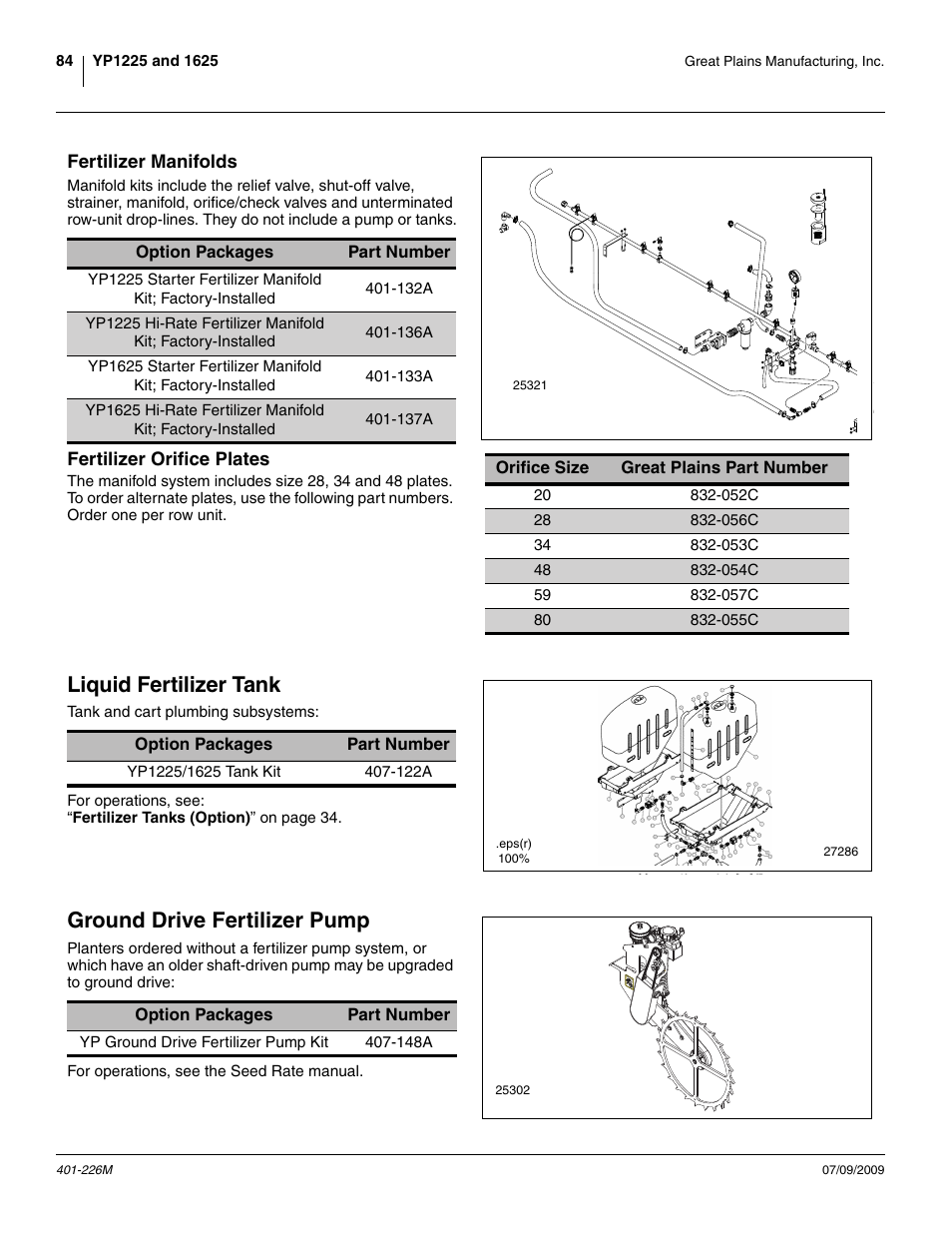 Fertilizer manifolds, Fertilizer orifice plates, Liquid fertilizer tank | Ground drive fertilizer pump, Fertilizer manifolds fertilizer orifice plates | Great Plains YP1625 Operator Manual User Manual | Page 88 / 134