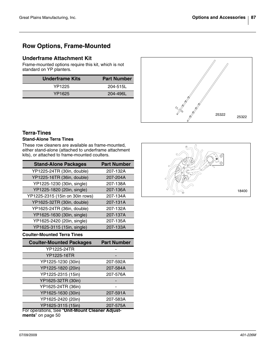 Row options, frame-mounted, Underframe attachment kit, Terra-tines | Stand-alone terra tines, Coulter-mounted terra tines, Underframe attachment kit terra-tines | Great Plains YP1625 Operator Manual User Manual | Page 91 / 134