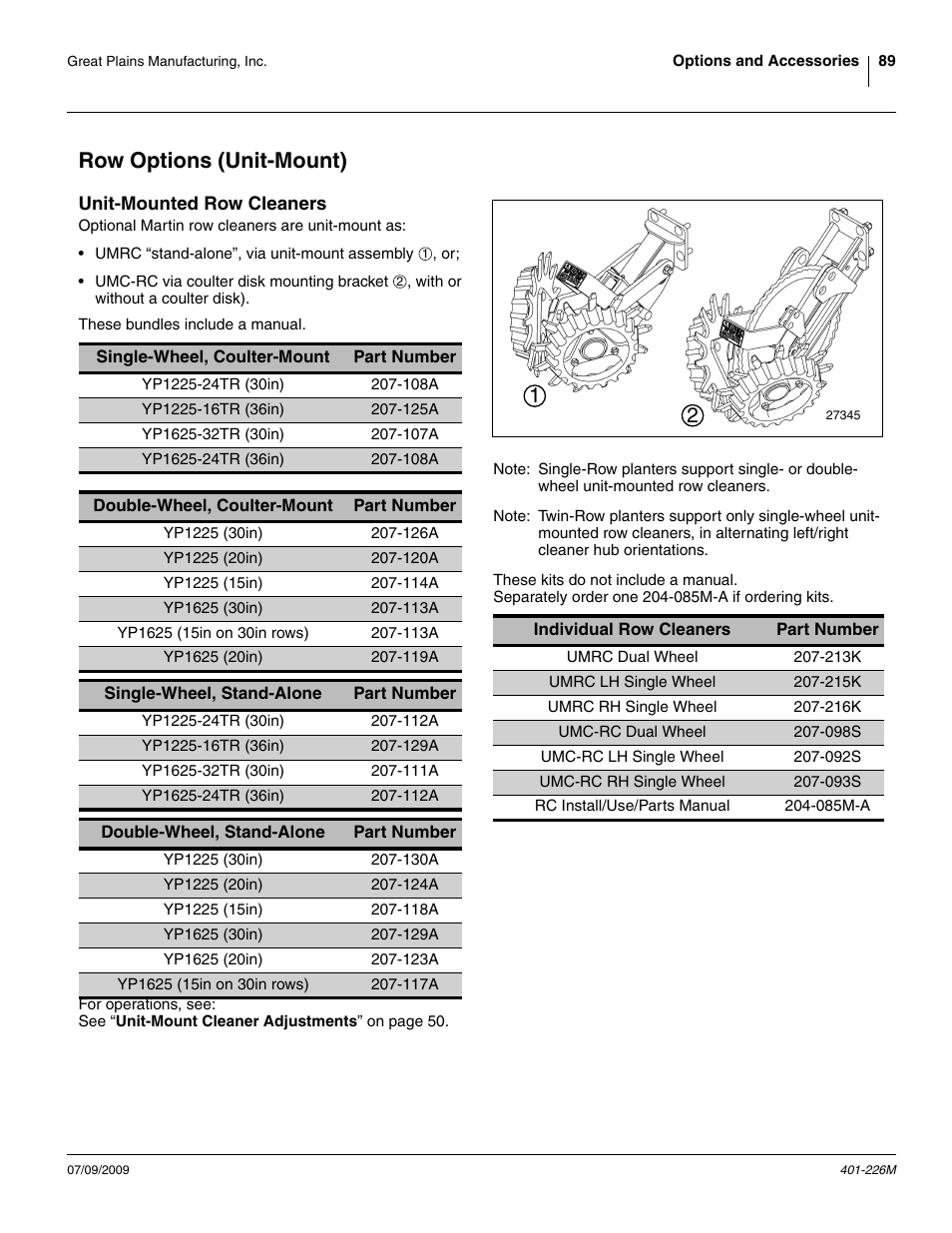 Row options (unit-mount), Unit-mounted row cleaners | Great Plains YP1625 Operator Manual User Manual | Page 93 / 134