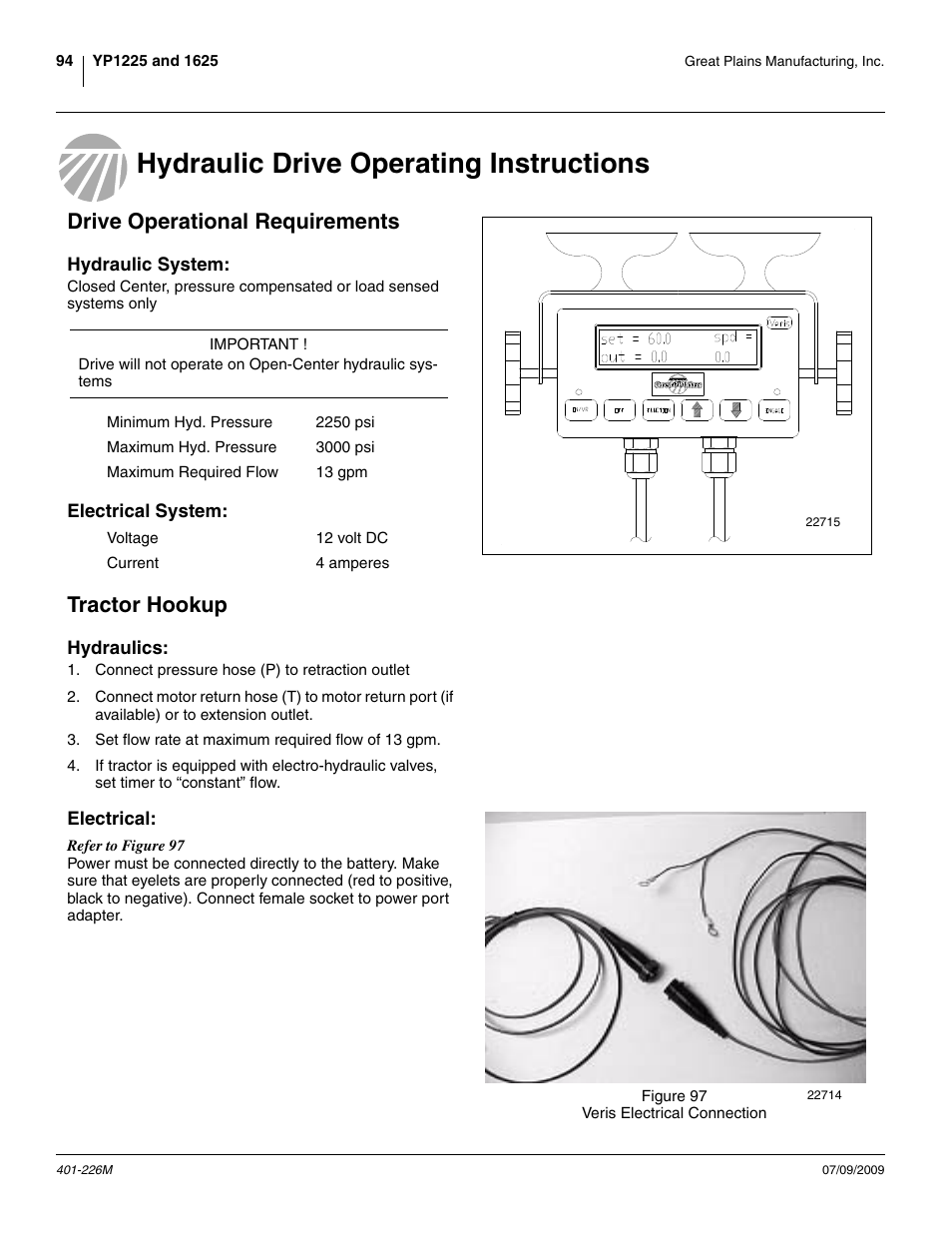 Hydraulic drive operating instructions, Drive operational requirements, Hydraulic system | Electrical system, Tractor hookup, Hydraulics, Electrical, Hydraulic system: electrical system, Hydraulics: electrical | Great Plains YP1625 Operator Manual User Manual | Page 98 / 134