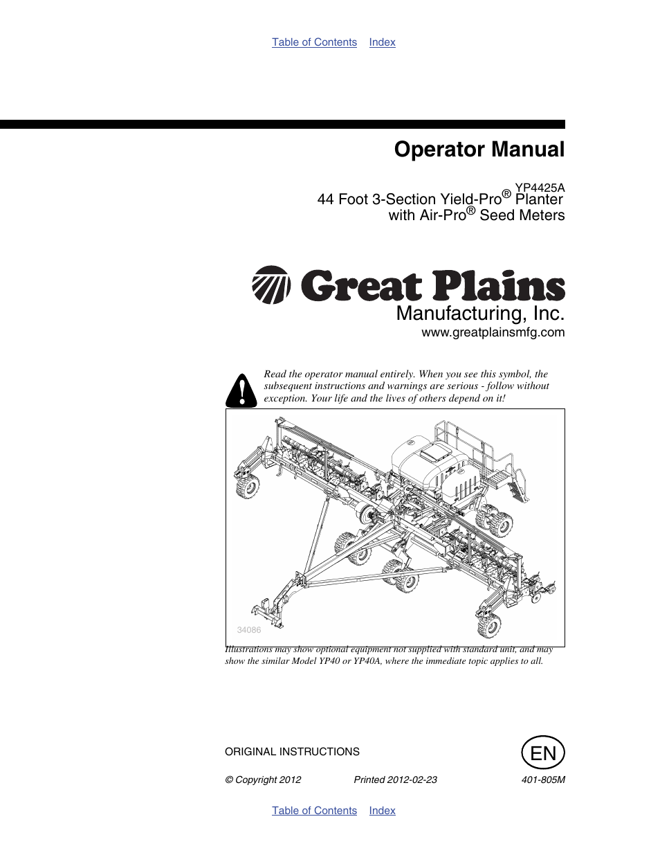 Great Plains YP4425A Operator Manual User Manual | 166 pages