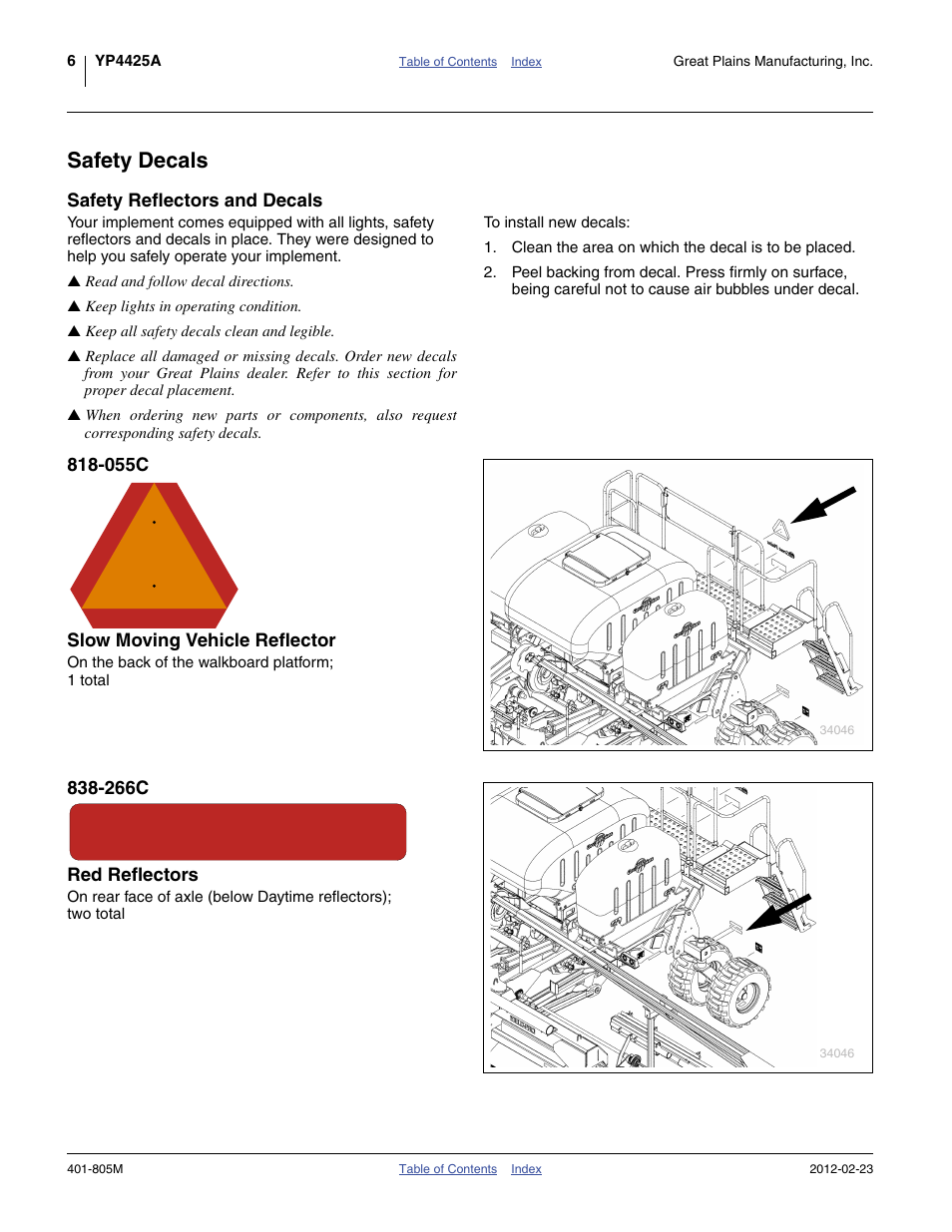 Safety decals, Safety reflectors and decals, 055c slow moving vehicle reflector | 266c red reflectors | Great Plains YP4425A Operator Manual User Manual | Page 10 / 166