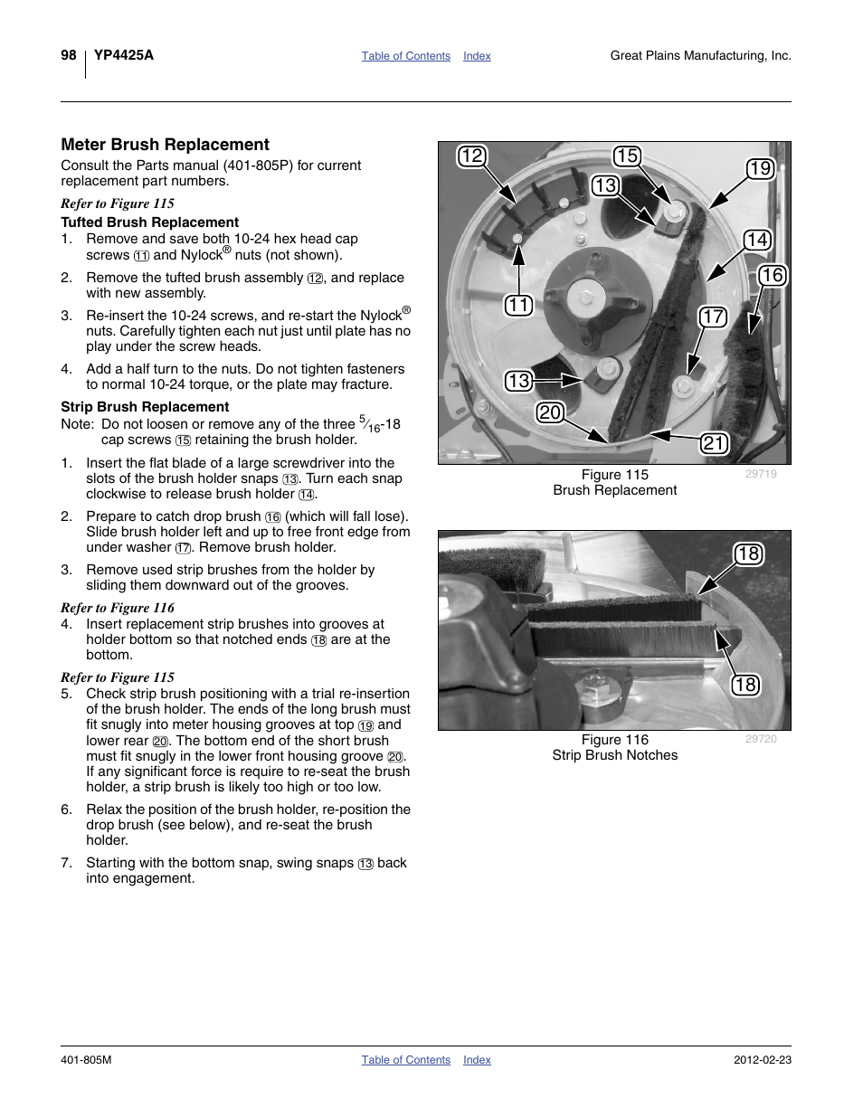 Meter brush replacement, Tufted brush replacement, Strip brush replacement | Great Plains YP4425A Operator Manual User Manual | Page 102 / 166