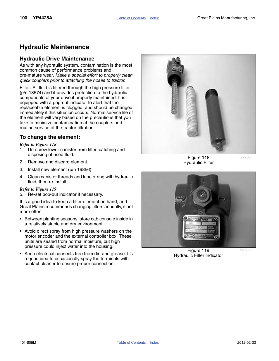 Hydraulic maintenance, Hydraulic drive maintenance, To change the element | Great Plains YP4425A Operator Manual User Manual | Page 104 / 166