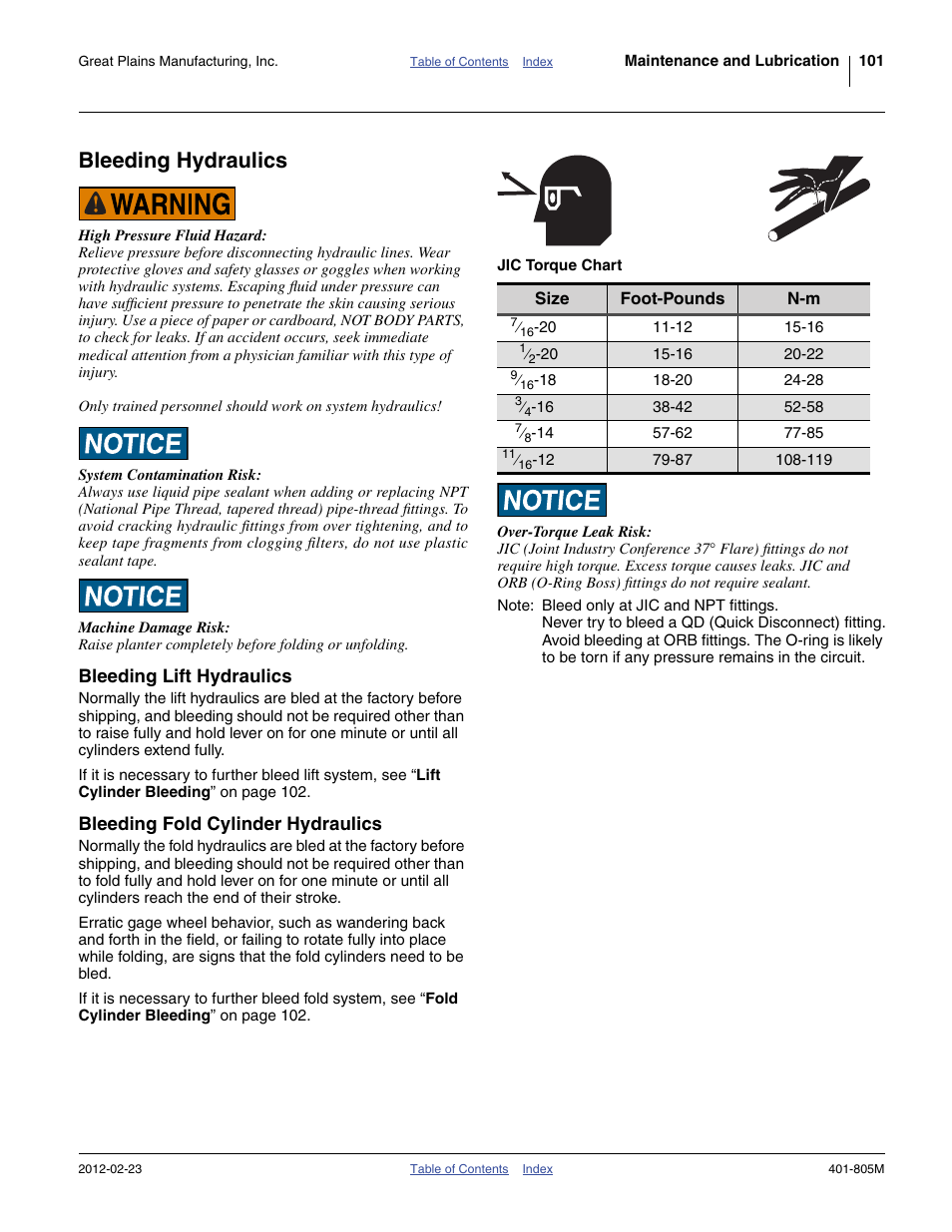 Bleeding hydraulics, Bleeding lift hydraulics, Bleeding fold cylinder hydraulics | Great Plains YP4425A Operator Manual User Manual | Page 105 / 166