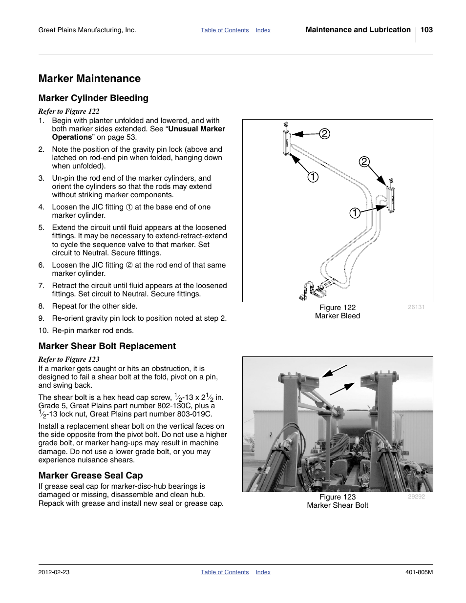 Marker maintenance, Marker cylinder bleeding, Marker shear bolt replacement | Marker grease seal cap | Great Plains YP4425A Operator Manual User Manual | Page 107 / 166