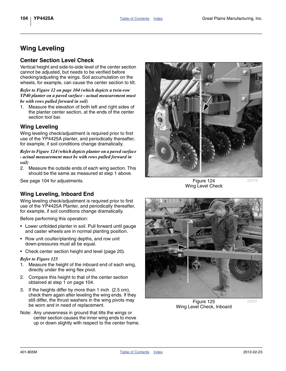 Wing leveling, Center section level check, Wing leveling, inboard end | Great Plains YP4425A Operator Manual User Manual | Page 108 / 166