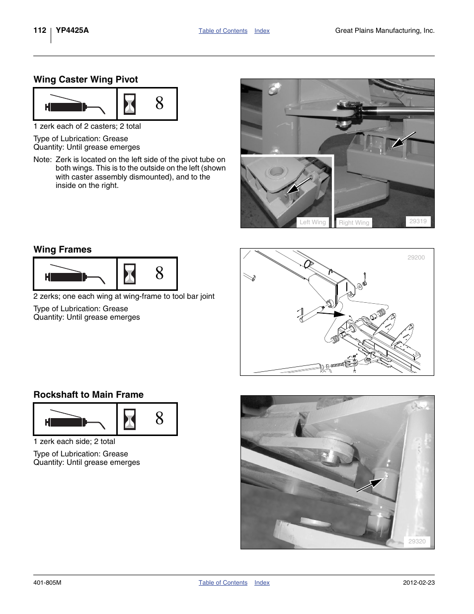 Wing caster wing pivot, Wing frames, Rockshaft to main frame | Great Plains YP4425A Operator Manual User Manual | Page 116 / 166