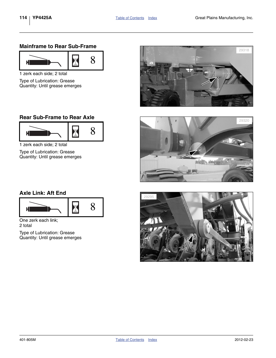 Mainframe to rear sub-frame, Rear sub-frame to rear axle, Axle link: aft end | Great Plains YP4425A Operator Manual User Manual | Page 118 / 166