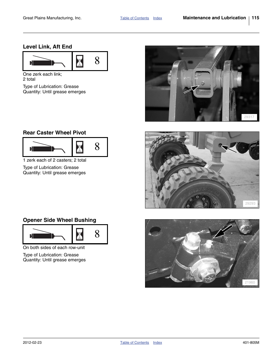 Level link, aft end, Rear caster wheel pivot, Opener side wheel bushing | Great Plains YP4425A Operator Manual User Manual | Page 119 / 166
