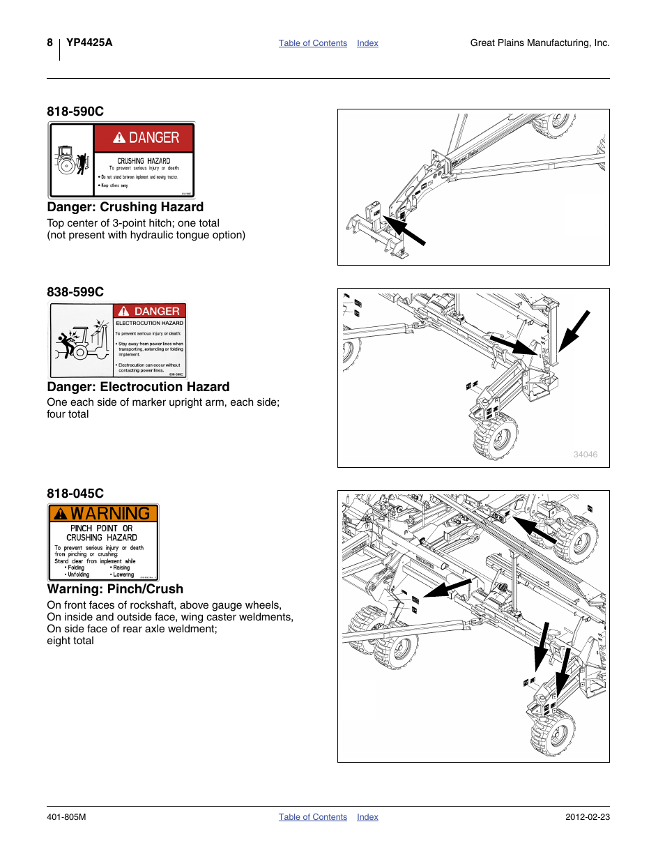 590c danger: crushing hazard, 599c danger: electrocution hazard, 045c warning: pinch/crush | Great Plains YP4425A Operator Manual User Manual | Page 12 / 166