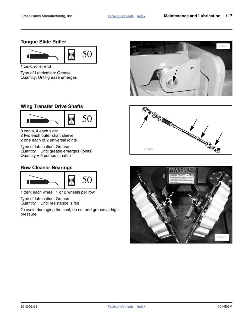 Tongue slide roller, Wing transfer drive shafts, Row cleaner bearings | Great Plains YP4425A Operator Manual User Manual | Page 121 / 166