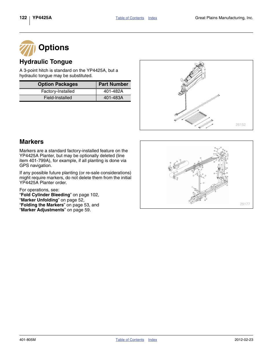 Options, Hydraulic tongue, Markers | Options hydraulic tongue markers | Great Plains YP4425A Operator Manual User Manual | Page 126 / 166