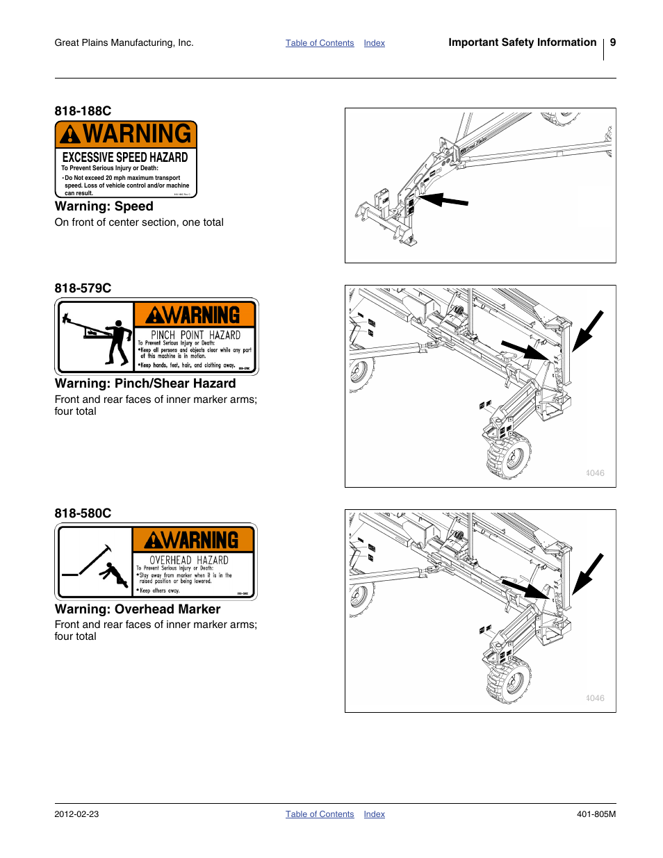188c warning: speed, 579c warning: pinch/shear hazard, 580c warning: overhead marker | Warning, Excessive speed hazard | Great Plains YP4425A Operator Manual User Manual | Page 13 / 166