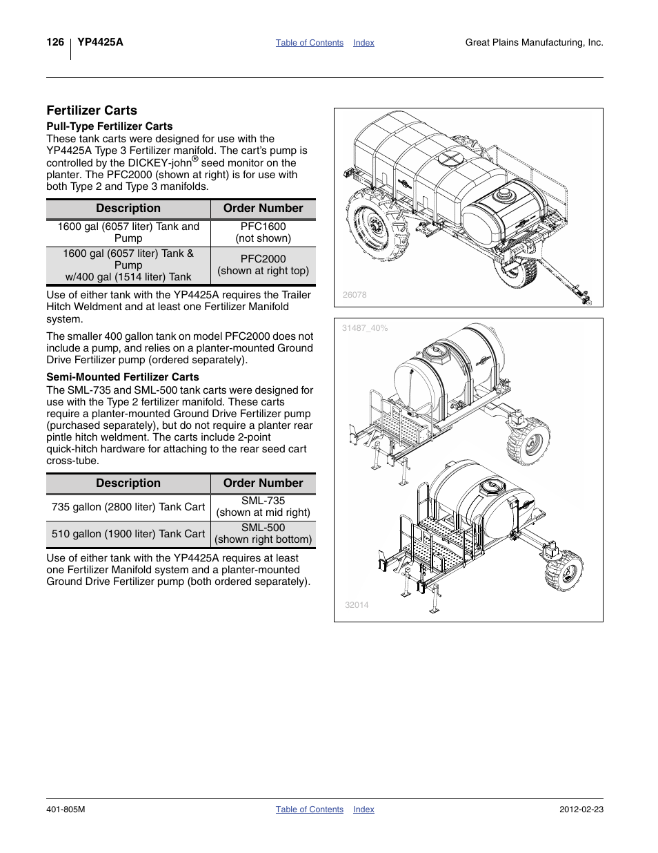 Fertilizer carts, Pull-type fertilizer carts, Semi-mounted fertilizer carts | Pfc2000 tank car, Pfc1600 or pfc2000 tank car, Or use with great plains pfc1600 or pfc2000 f, The pfc1600 and pfc2000 tanks include a, Pfc2000 or pfc1600: ex, See pfc2000/pfc1600 man, Plains pfc1600 or pfc2000 tank car | Great Plains YP4425A Operator Manual User Manual | Page 130 / 166