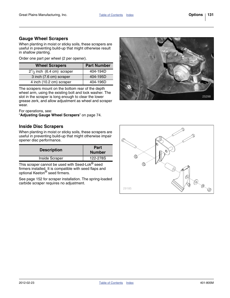 Gauge wheel scrapers, Inside disc scrapers, Gauge wheel scrapers inside disc scrapers | Great Plains YP4425A Operator Manual User Manual | Page 135 / 166